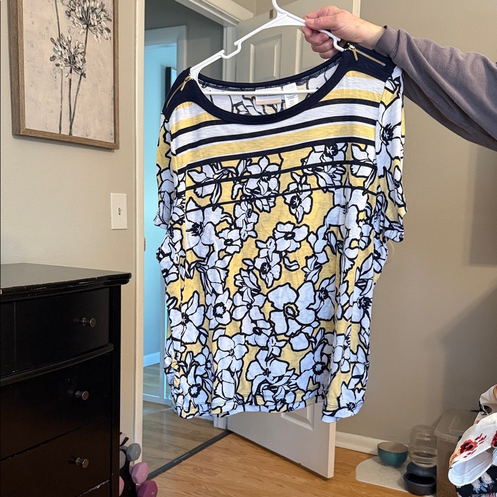 Alfred Dunner Yellow and Blue Floral Stripe Top